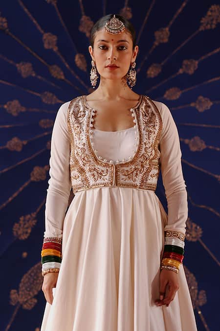 Buy_Jigar Mali_Ivory Chanderi Zari, Sequins, Beads Plunge Embroidered Jacket Anarkali Set _Online_at_Aza_Fashions