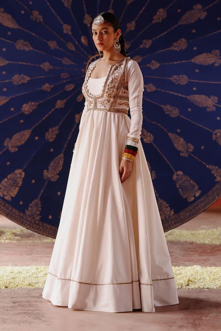 Shop_Jigar Mali_Ivory Chanderi Zari, Sequins, Beads Plunge Embroidered Jacket Anarkali Set _Online_at_Aza_Fashions
