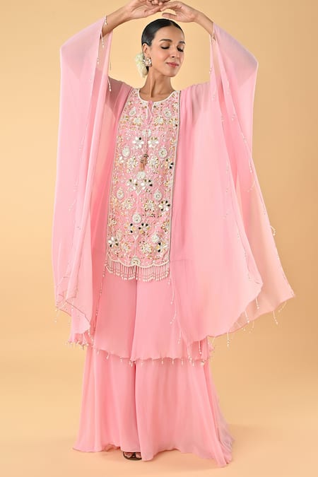Shop_Keith Gomes_Pink Georgette Pearls, Mirrors, Embroidery And Embellished Tunic & Palazzo Set _Online_at_Aza_Fashions