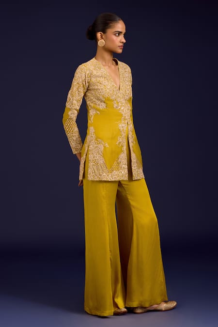 Buy_Devnaagri_Mustard Organza, Modal, Satin Embroidery, Mirrors V-neck Kurta With Sharara _Online_at_Aza_Fashions