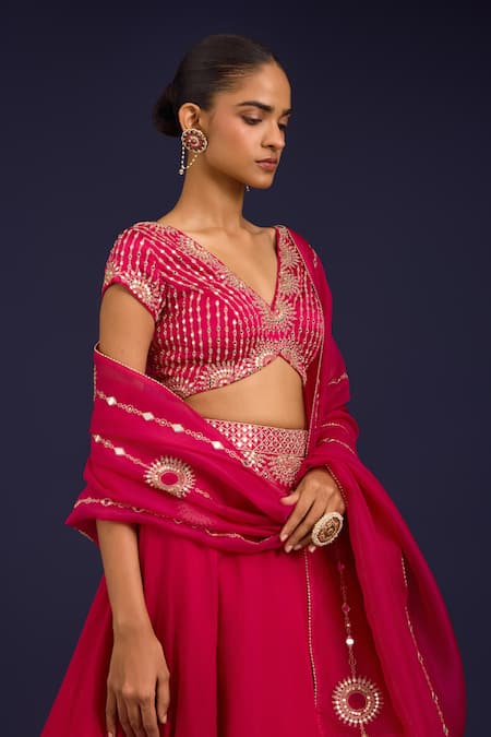 Devnaagri_Fuchsia Cotton Satin, Silk, Organza Mirrors, Sequins, And Dori Lehenga Set _at_Aza_Fashions