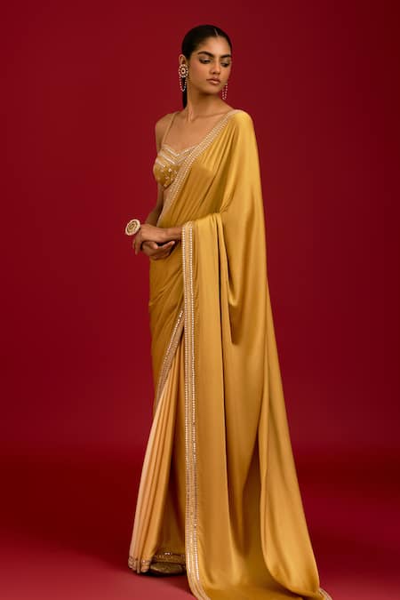 Devnaagri_Yellow Modal, Satin, Silk Mirrors, Sequins, Embroidery Ombre Saree With Blouse _Online_at_Aza_Fashions