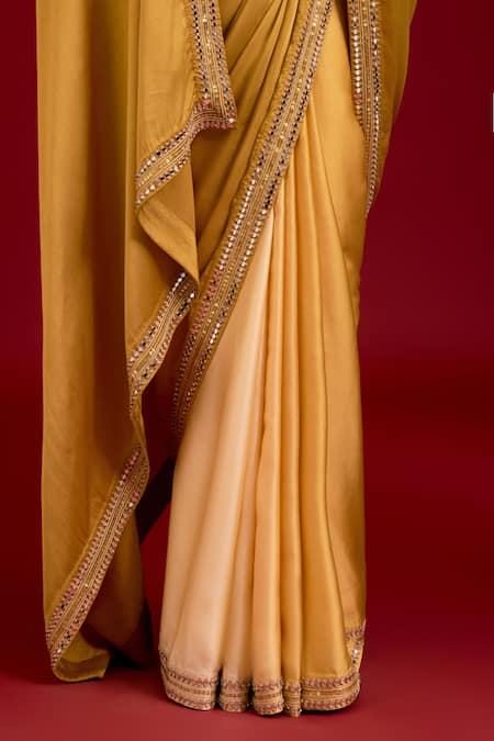 Devnaagri_Yellow Modal, Satin, Silk Mirrors, Sequins, Embroidery Ombre Saree With Blouse _at_Aza_Fashions