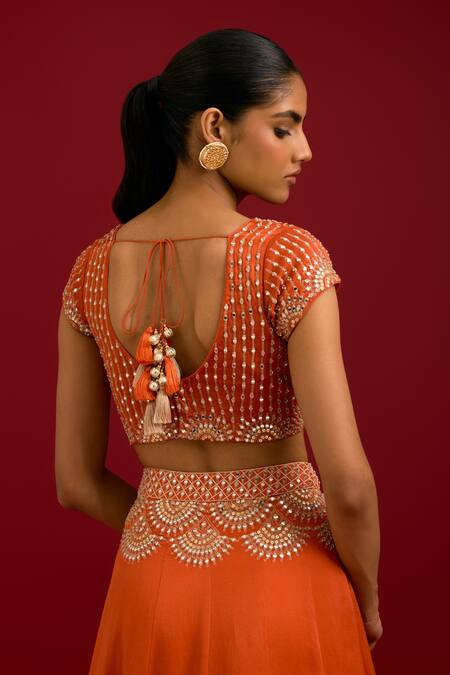 Devnaagri_Orange Cotton Satin, Silk, Organza Mirrors, Sequins, Embroidery Work Lehenga Set _Online_at_Aza_Fashions
