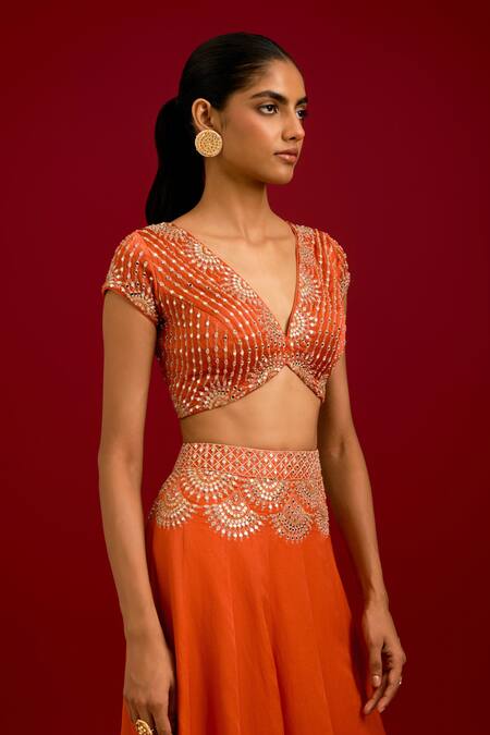 Buy_Devnaagri_Orange Cotton Satin, Silk, Organza Mirrors, Sequins, Embroidery Work Lehenga Set _Online_at_Aza_Fashions