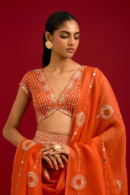 Shop_Devnaagri_Orange Cotton Satin, Silk, Organza Mirrors, Sequins, Embroidery Work Lehenga Set _Online_at_Aza_Fashions