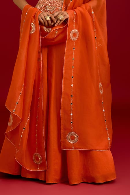Devnaagri_Orange Cotton Satin, Silk, Organza Mirrors, Sequins, Embroidery Work Lehenga Set _at_Aza_Fashions