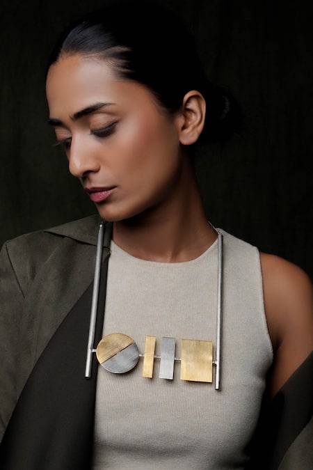 Shop_DE'Anma_Silver Plated Geometric Pendant Necklace _Online_at_Aza_Fashions