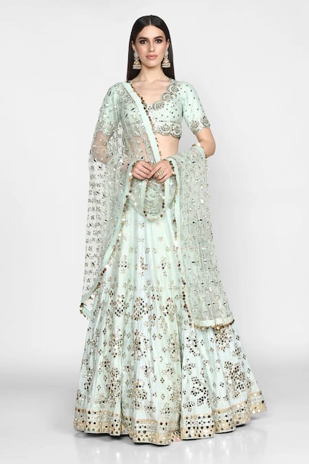 Abhinav Mishra Blue Raw Silk, Net V Neck Embellished Lehenga Set