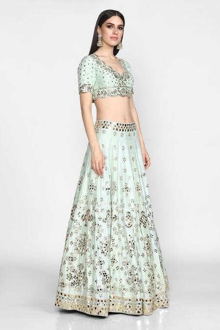 Buy_Abhinav Mishra_Blue Raw Silk, Net V Neck Embellished Lehenga Set _Online_at_Aza_Fashions