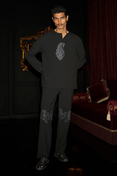 Buy_Dash And Dot_Black Polyester, Viscose, Spandex Embroidery Paisley Pant _Online_at_Aza_Fashions