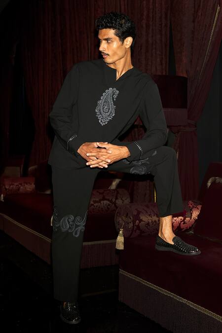 Shop_Dash And Dot_Black Polyester, Viscose, Spandex Embroidery Paisley Pant _Online_at_Aza_Fashions