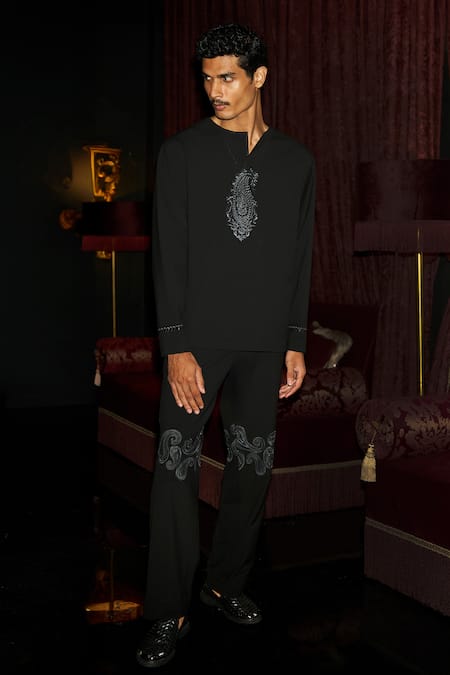 Dash And Dot_Black Polyester, Viscose, Spandex Embroidery Paisley Pant _at_Aza_Fashions