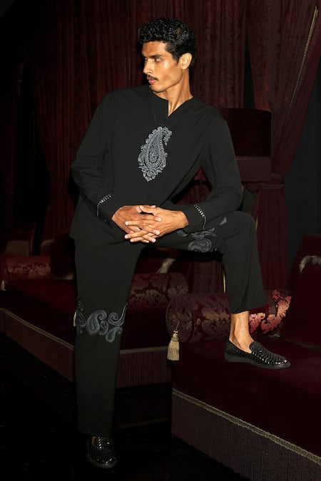 Buy_Dash And Dot_Black Polyester, Viscose, Spandex Embroidery Paisley Shirt And Pant Set _Online_at_Aza_Fashions