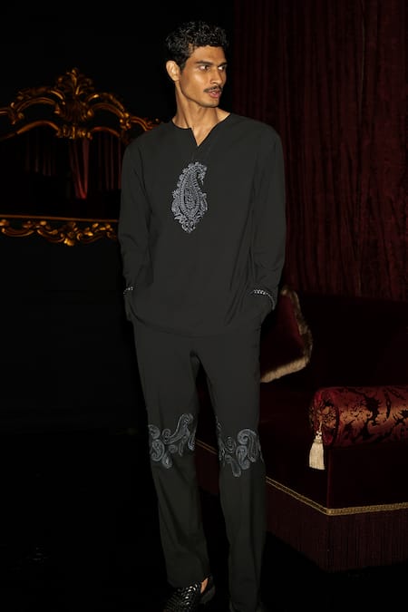 Shop_Dash And Dot_Black Polyester, Viscose, Spandex Embroidery Paisley Shirt And Pant Set _Online_at_Aza_Fashions