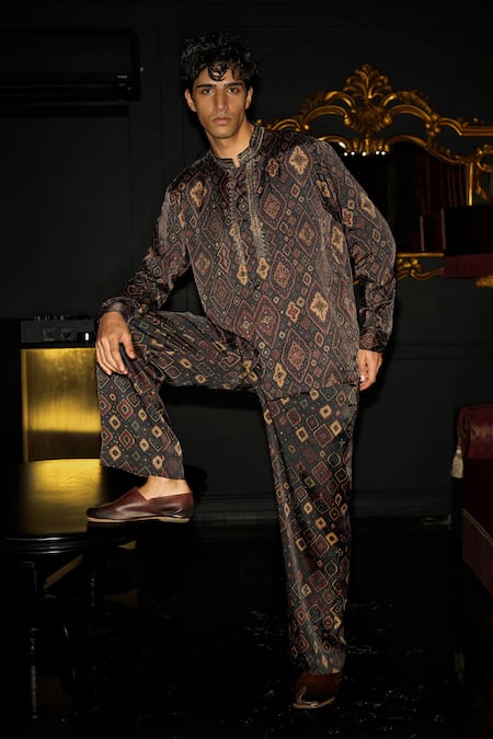 Dash And Dot_Black Viscose Embroidery, Metallic Thread Geometric Print Shirt And Pant Set _Online_at_Aza_Fashions