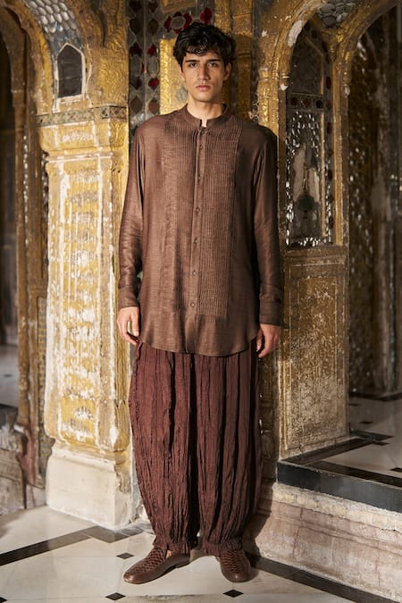 Dash And Dot_Chocolate Viscose Band Collar Pleated Shirt _at_Aza_Fashions