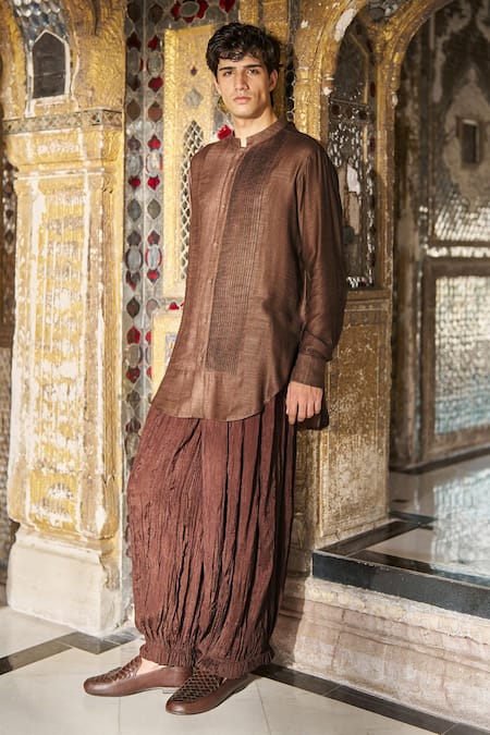 Dash And Dot_Chocolate Viscose Pleated Band Collar Shirt And Crinkled Pant Set _Online_at_Aza_Fashions