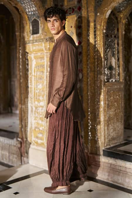 Buy_Dash And Dot_Chocolate Viscose Pleated Band Collar Shirt And Crinkled Pant Set _Online_at_Aza_Fashions