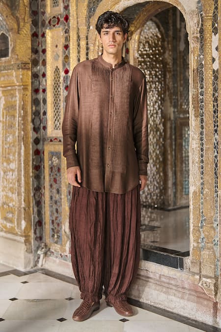 Shop_Dash And Dot_Chocolate Viscose Pleated Band Collar Shirt And Crinkled Pant Set _Online_at_Aza_Fashions