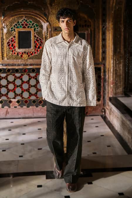 Dash And Dot_White Jacquard, Cotton Cut Work Shirt _Online_at_Aza_Fashions