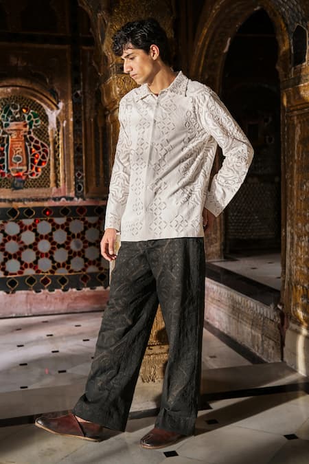 Shop_Dash And Dot_White Jacquard, Cotton Cut Work Shirt _Online_at_Aza_Fashions