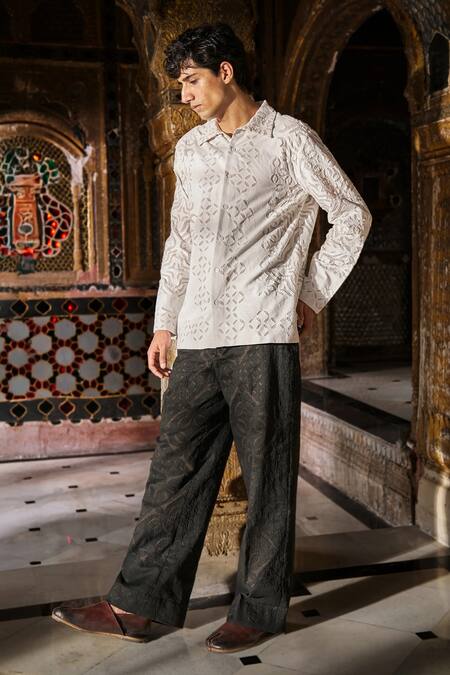 Dash And Dot_White Jacquard, Cotton Cut Work Shirt _at_Aza_Fashions