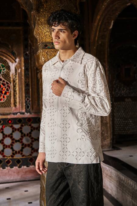 Dash And Dot_Off White Jacquard, Cotton Cutwork Shirt And Pant Set _Online_at_Aza_Fashions