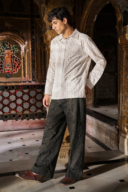 Buy_Dash And Dot_Off White Jacquard, Cotton Cutwork Shirt And Pant Set _Online_at_Aza_Fashions