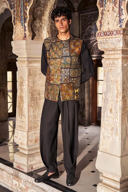 Dash And Dot Patchwork Embroidered Nehru Jacket 