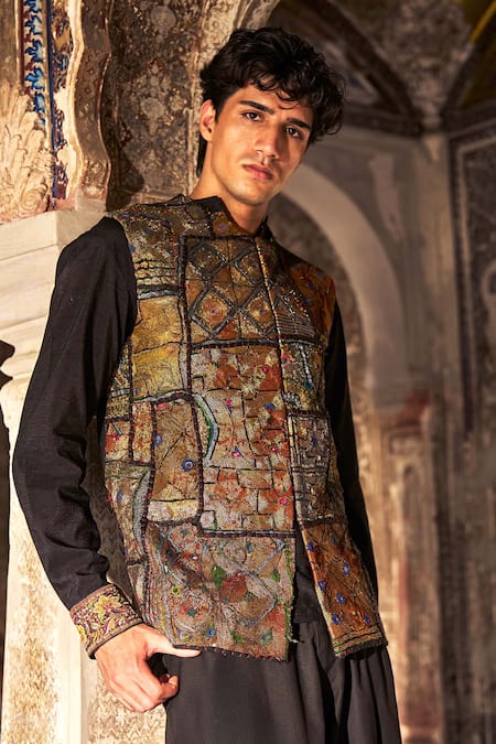 Buy_Dash And Dot_Gold Polyester, Viscose, Spandex Patchwork, Embroidery Nehru Jacket _Online_at_Aza_Fashions