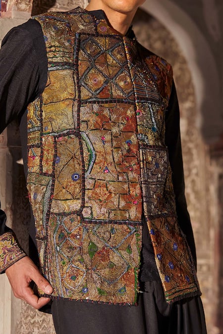 Shop_Dash And Dot_Gold Polyester, Viscose, Spandex Patchwork, Embroidery Nehru Jacket _Online_at_Aza_Fashions