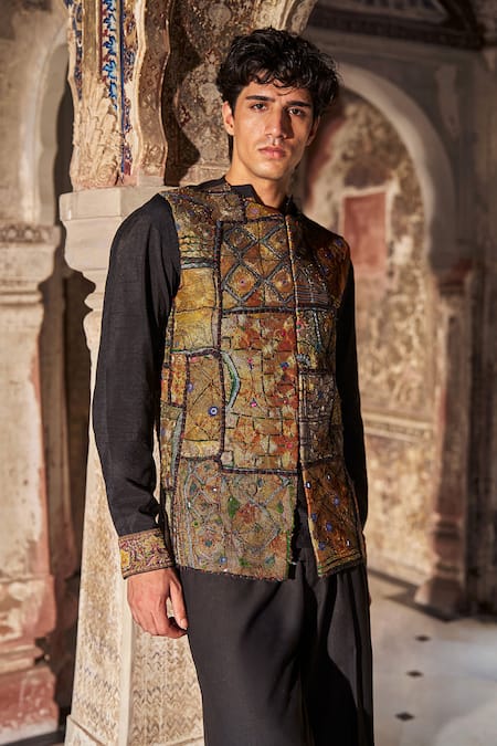 Dash And Dot_Gold Polyester, Viscose, Spandex Patchwork, Embroidery Nehru Jacket _at_Aza_Fashions