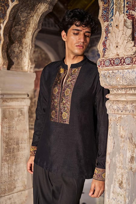 Dash And Dot_Black Bemberg Embroidery Floral And Bird Motif Shirt _Online_at_Aza_Fashions