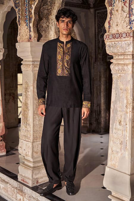 Buy_Dash And Dot_Black Bemberg Embroidery Floral And Bird Motif Shirt _Online_at_Aza_Fashions