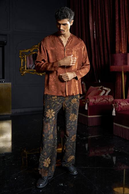 Dash And Dot_Rust Polyester Textured Band Collar Full Sleeve Shirt _Online_at_Aza_Fashions