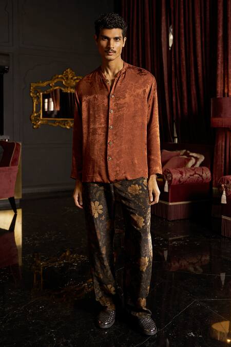 Buy_Dash And Dot_Rust Polyester Textured Band Collar Full Sleeve Shirt _Online_at_Aza_Fashions