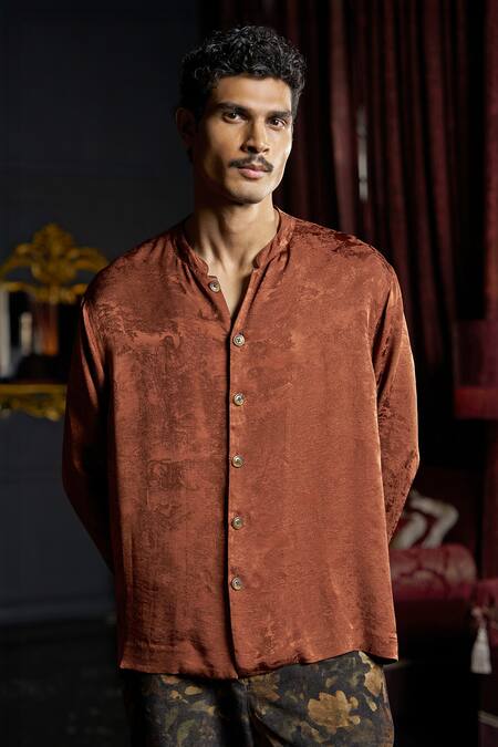 Shop_Dash And Dot_Rust Polyester Textured Band Collar Full Sleeve Shirt _Online_at_Aza_Fashions
