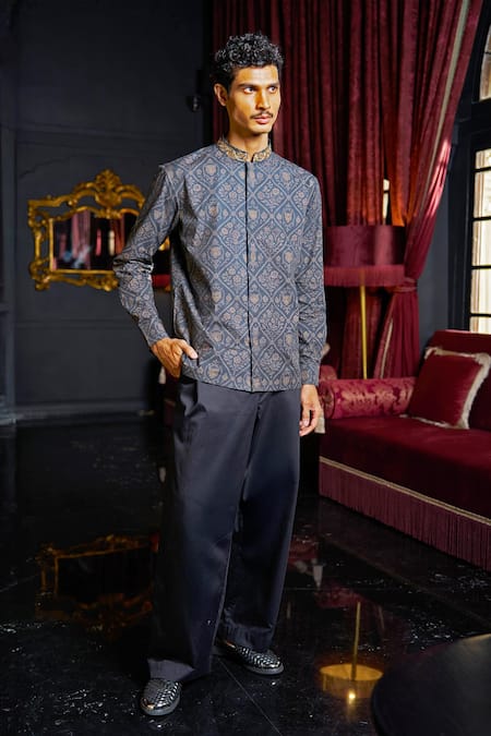 Buy_Dash And Dot_Blue Cotton Embroidery Printed Band Collar Shirt With Neck _Online_at_Aza_Fashions