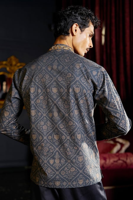 Dash And Dot Printed Band Collar Shirt With Neck Embroidery 