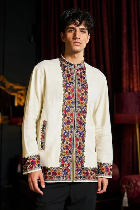 Dash And Dot_Off White Cotton Embroidery Mandarin Collar Shirt _Online_at_Aza_Fashions