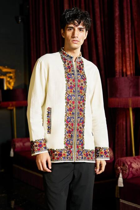 Shop_Dash And Dot_Off White Cotton Embroidery Mandarin Collar Shirt _Online_at_Aza_Fashions