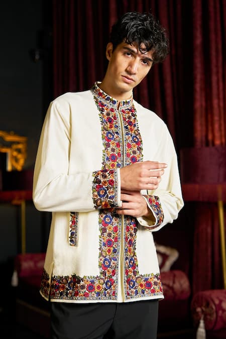 Dash And Dot_Off White Cotton Embroidery Mandarin Collar Shirt _at_Aza_Fashions