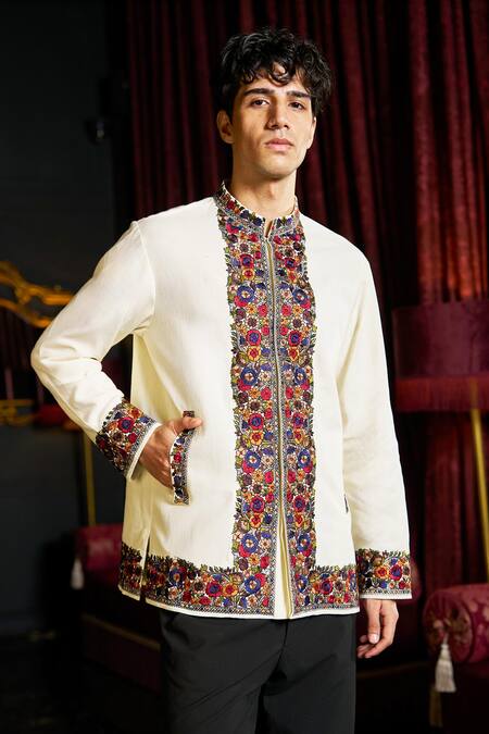 Shop_Dash And Dot_Off White Cotton Embroidery Mandarin Collar Shirt 