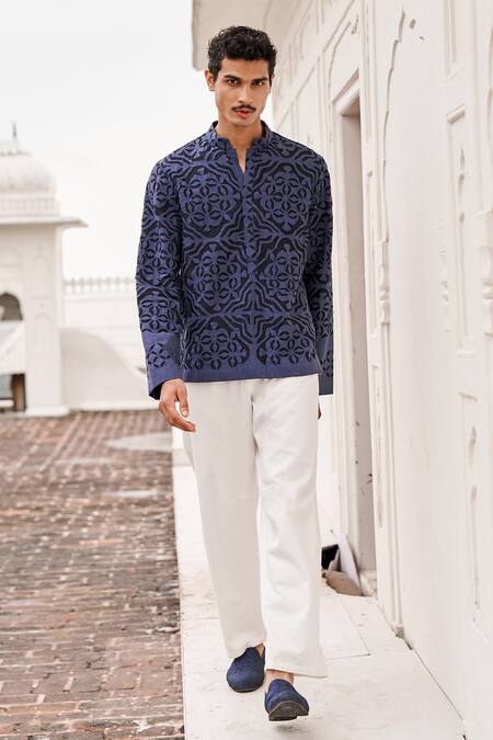 Dash And Dot_Blue Jacquard Cut Work Geometric Pattern Shirt _Online_at_Aza_Fashions