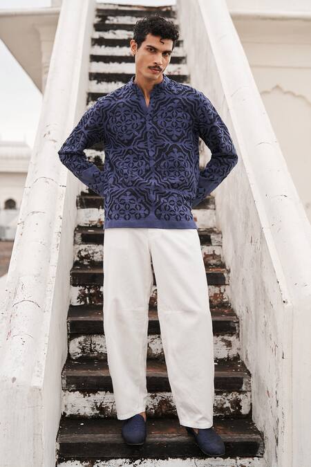 Buy_Dash And Dot_Blue Jacquard Cut Work Geometric Pattern Shirt _Online_at_Aza_Fashions