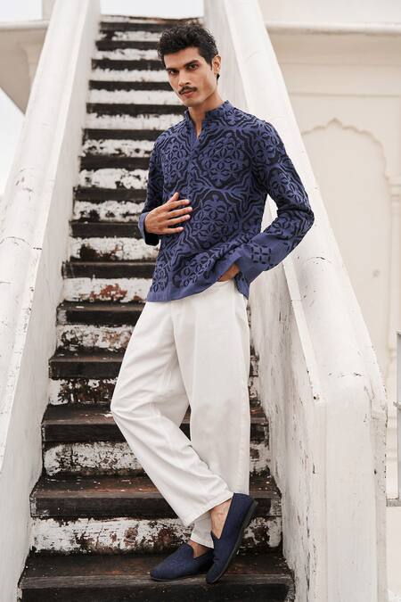 Shop_Dash And Dot_Blue Jacquard Cut Work Geometric Pattern Shirt _Online_at_Aza_Fashions