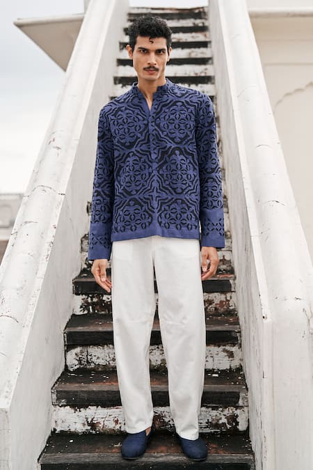 Dash And Dot_Blue Jacquard Cut Work Geometric Pattern Shirt _at_Aza_Fashions