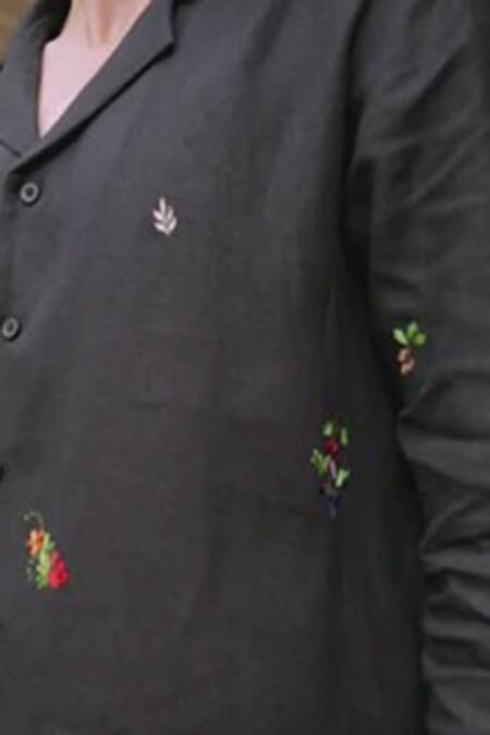 Dash And Dot_Black Linen Embroidery Full Sleeve Shirt _Online_at_Aza_Fashions