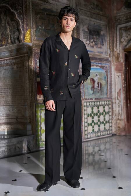 Shop_Dash And Dot_Black Linen Embroidery Full Sleeve Shirt _Online_at_Aza_Fashions